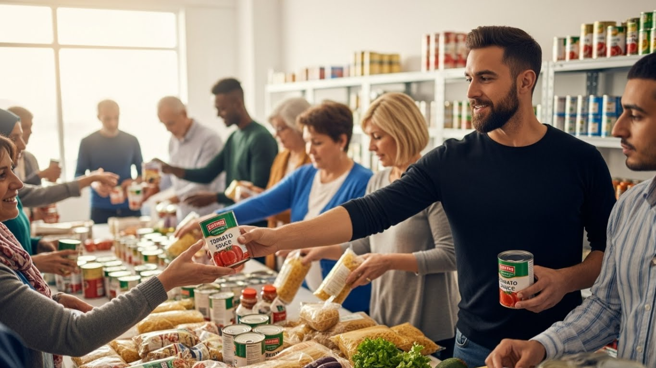 ImageFx. A man handling out a tomato sauce to people