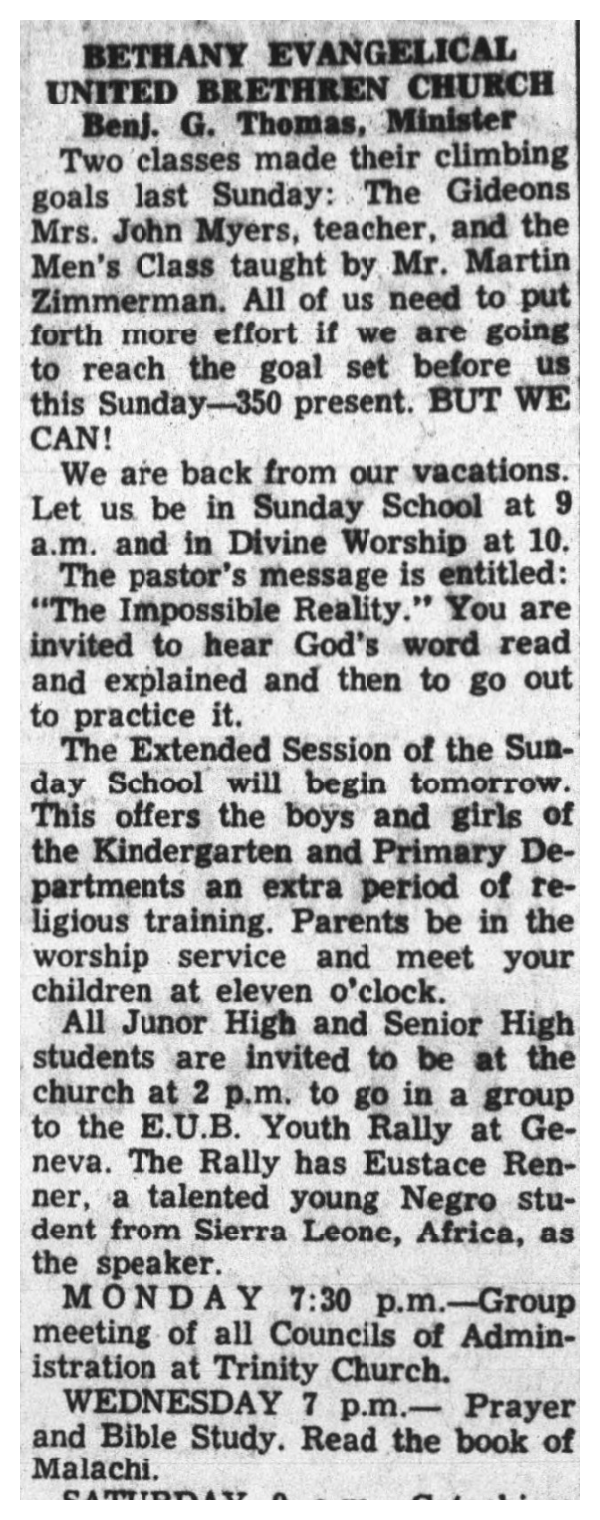Decatur Daily Democrat church notice announcing Eustace Renner as youth rally speaker, 1959