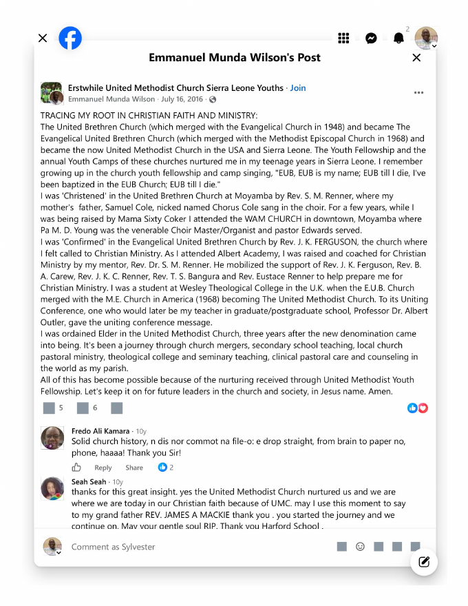 Rev. Emmanuel Munda Wilson's post recalling Rev. Dr. S. M. Renner