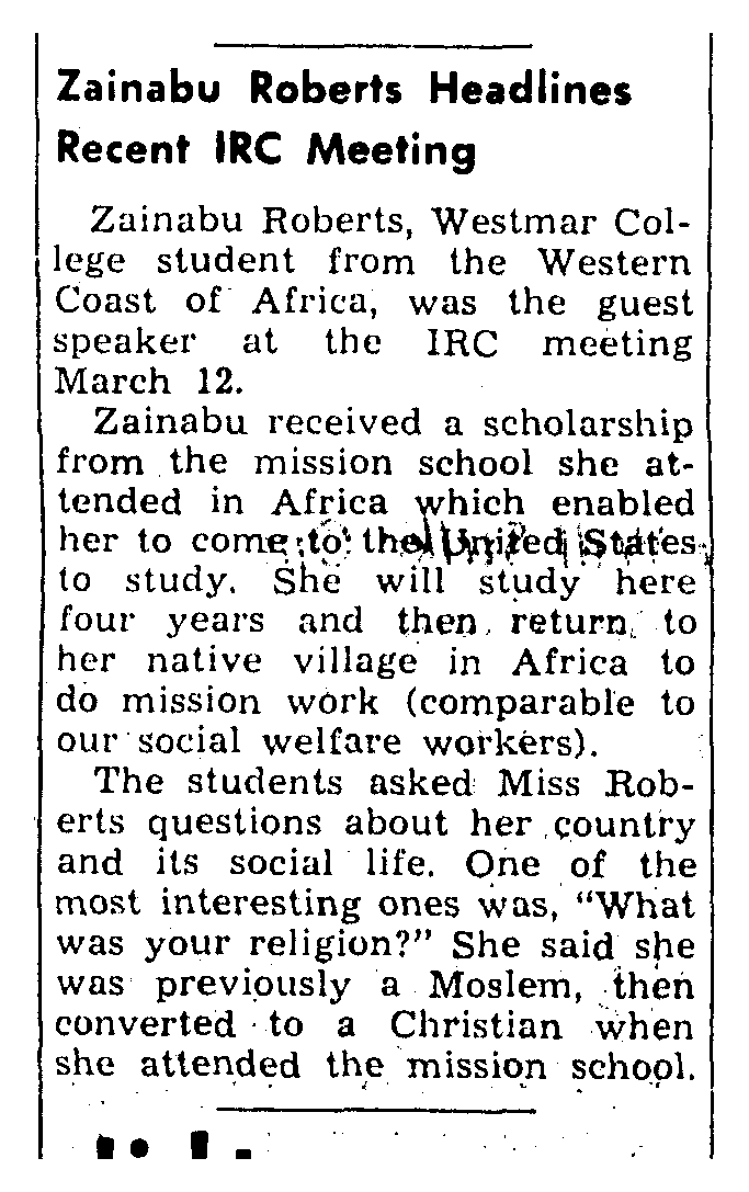 Zainabu Roberts headlines recent IRC meeting, 1958