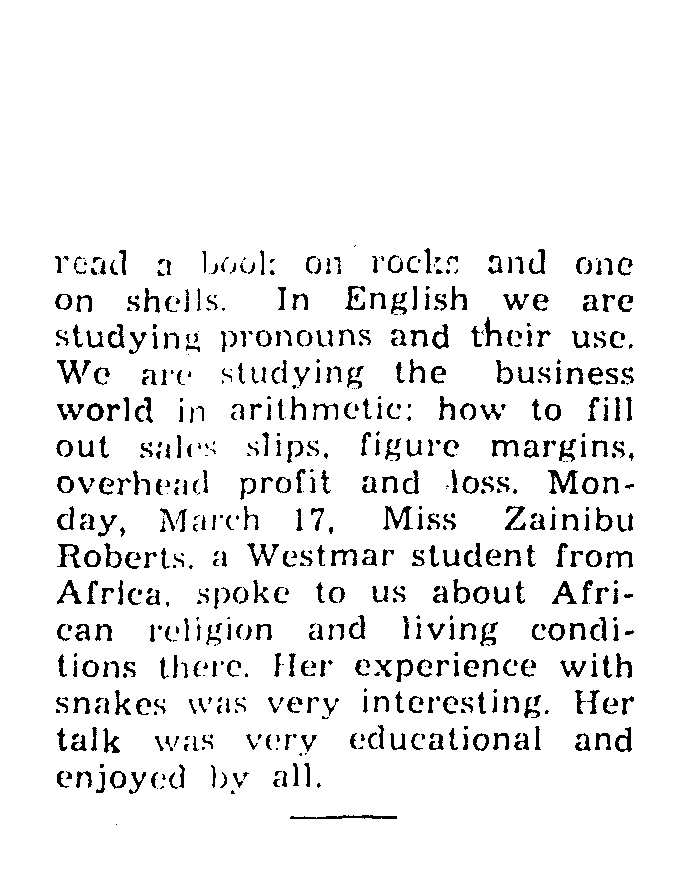 Merrill school notes mentioning Zainabu Roberts' visit, 1958