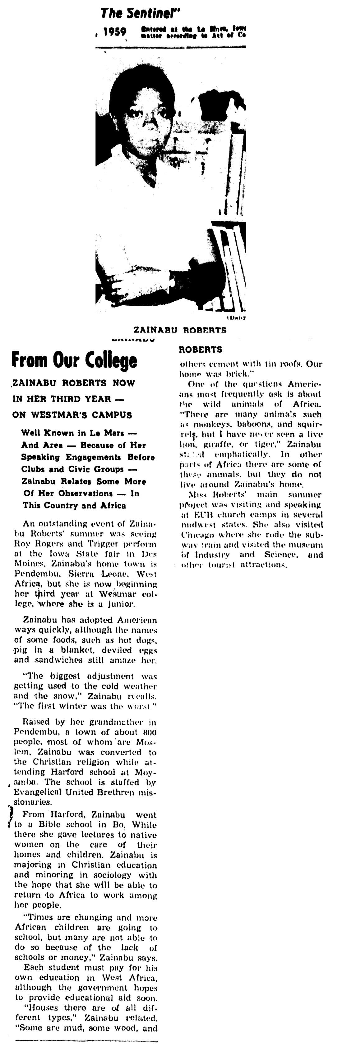 Front-page article and photograph of Zainabu Roberts, Le Mars Daily Sentinel, November 17, 1959