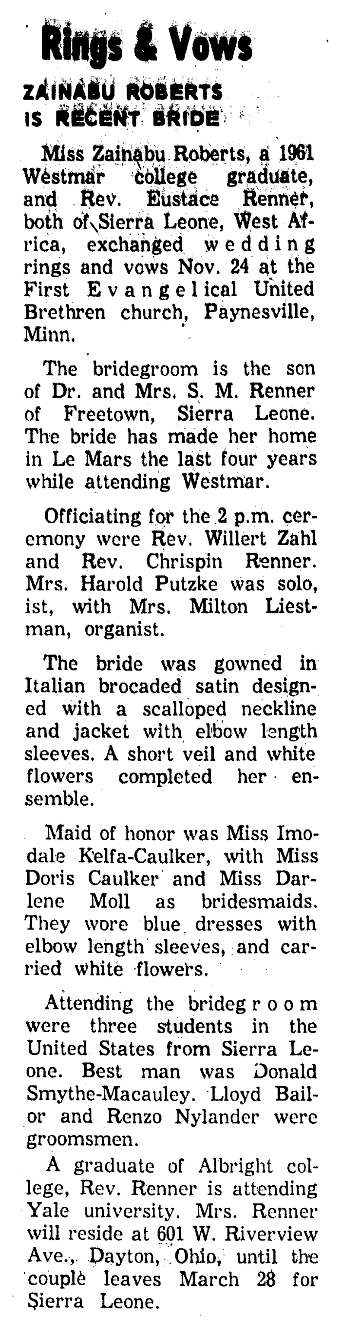 Le Mars Daily Sentinel wedding report, December 18, 1961