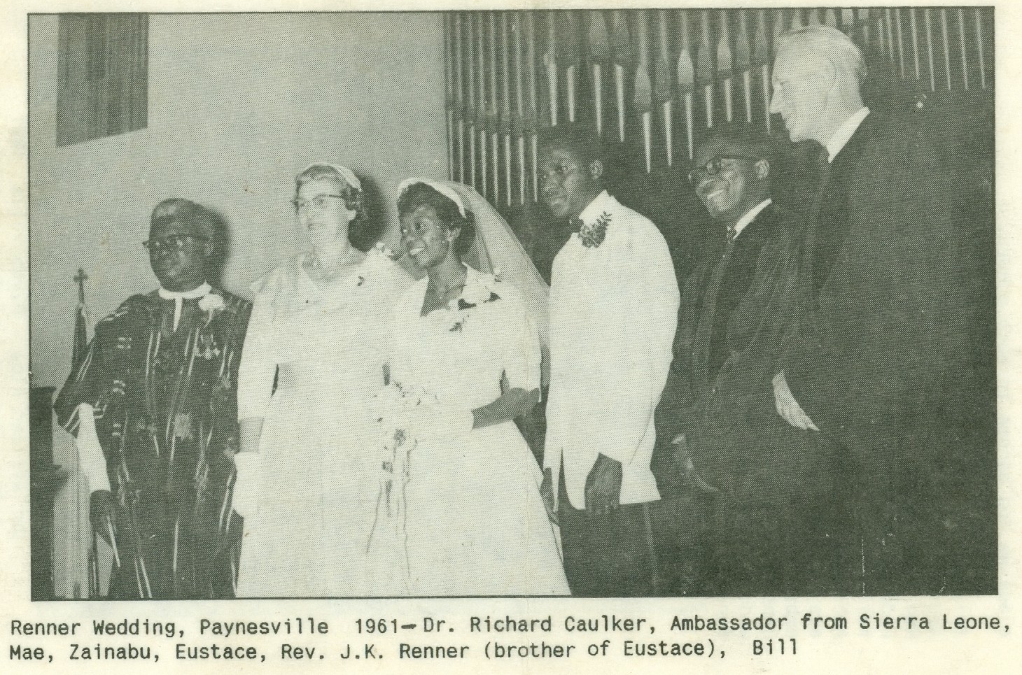 The Renner wedding party at First EUB Church, Paynesville, 1961: Dr. Richard Kelfa-Caulker, Mae Zahl, Zainabu, Eustace, Rev. J. K. C. Renner and Rev. Willert Zahl